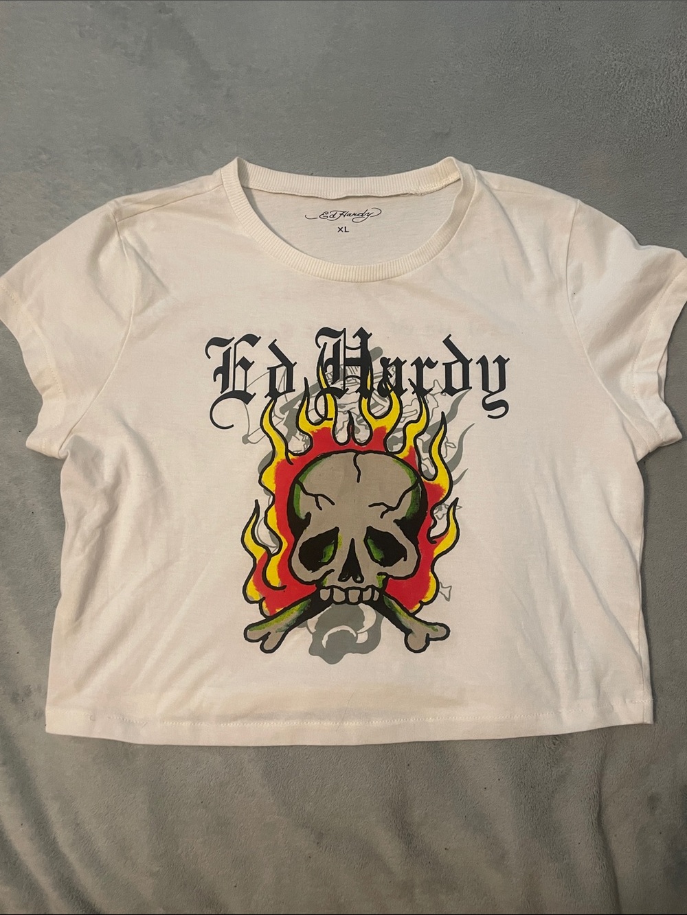 Vintage Ed Hardy White Crop Tee with Flaming Skull Graphic